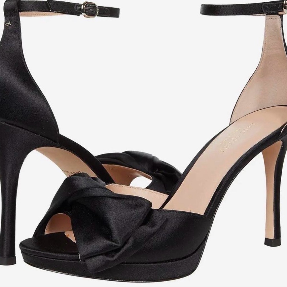kate spade bridal bow Black Satin Knotted Peep-Toe Ankle Strap Heels sz 9